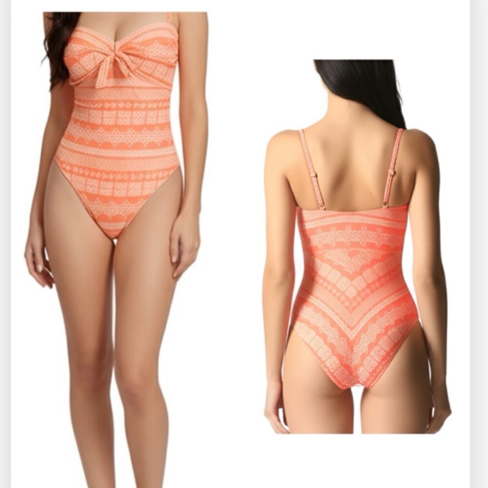 Robin Piccone Ava Plunge Neck Tie-Front One Piece In Orange/cream $169